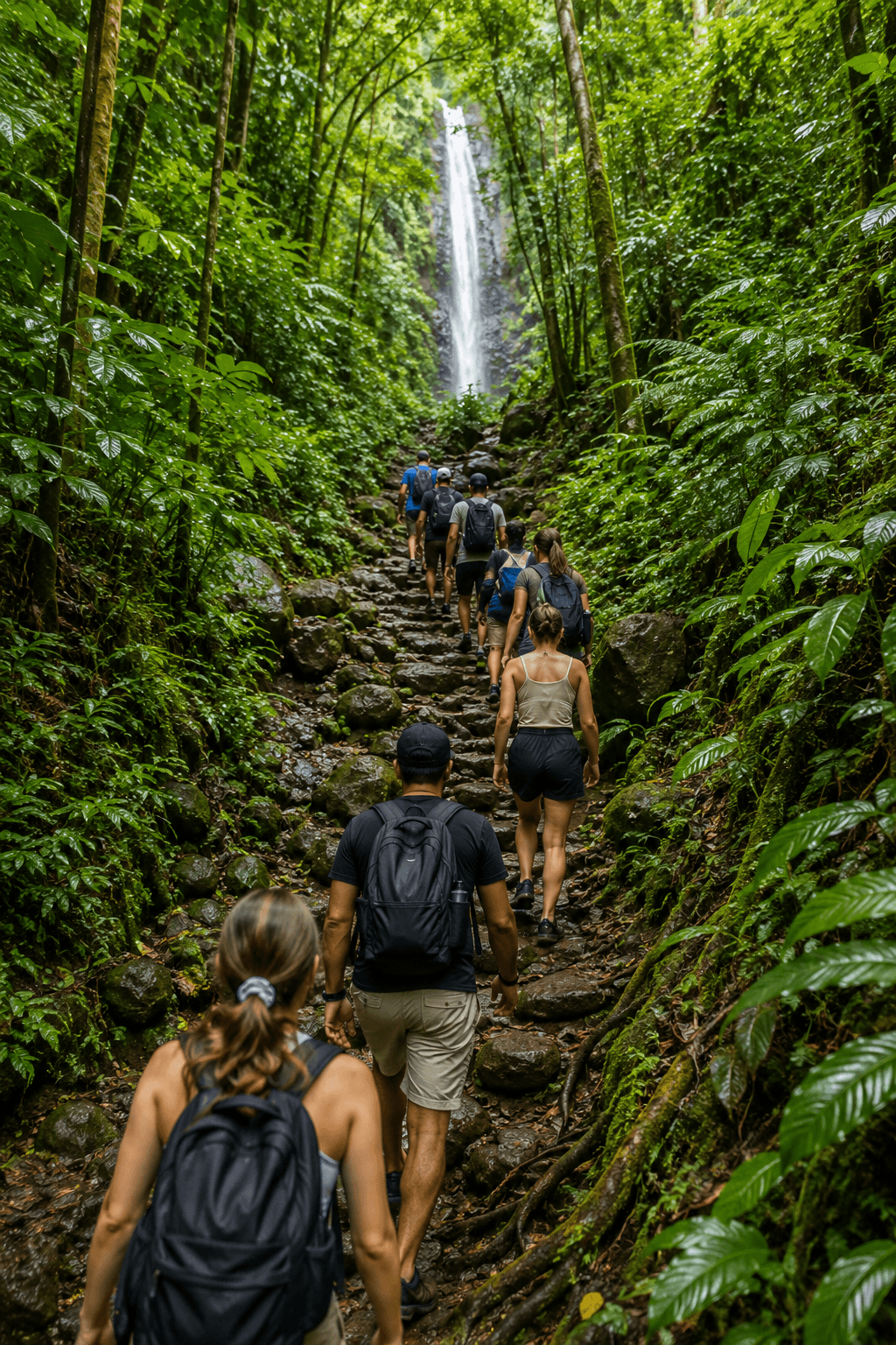 Small group hiking the Manoa Falls rainforest trail toward the waterfall